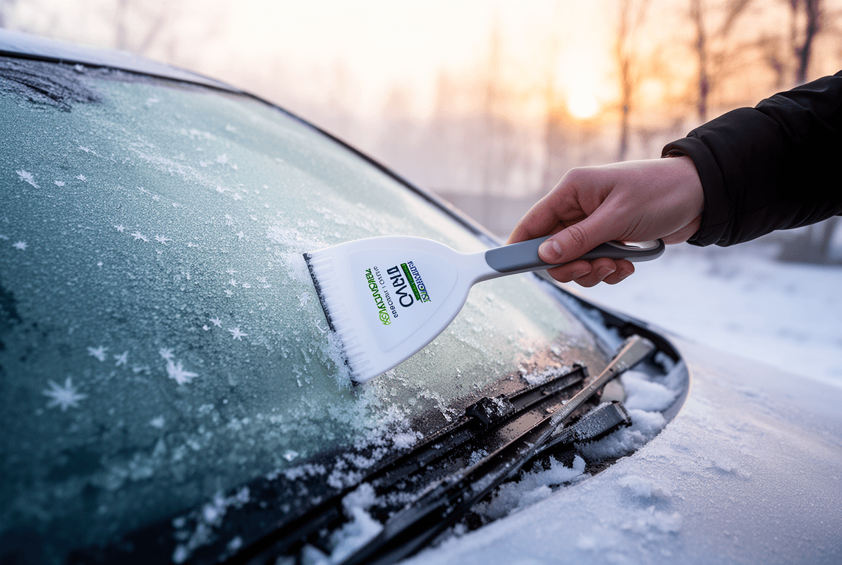conducteur utilisant un gratte-glace publicitaire sur pare-brise givré